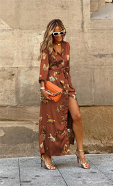 Fall Single Breasted Printed Leopard V Neck Long Sleeve Big Hem Dress